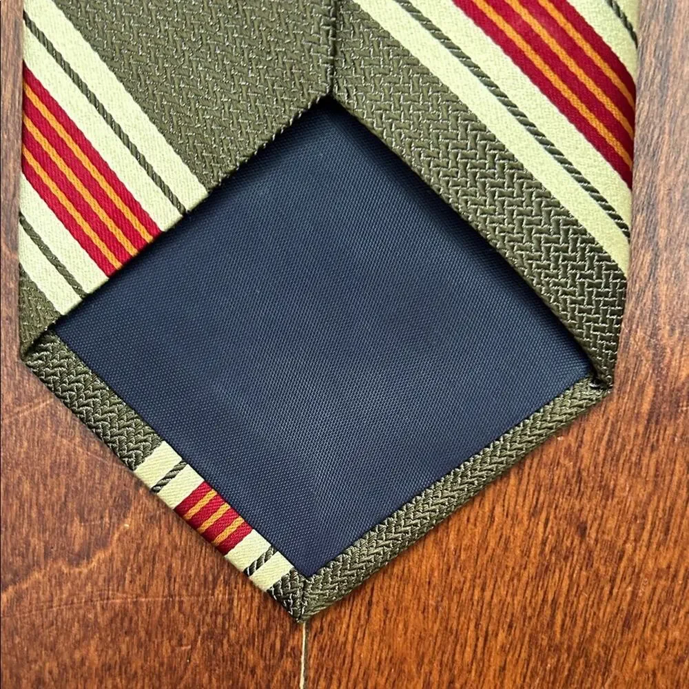 Gap Classic Retro Striped Tie in Khaki Green, Red, and Cream, 100% Silk
